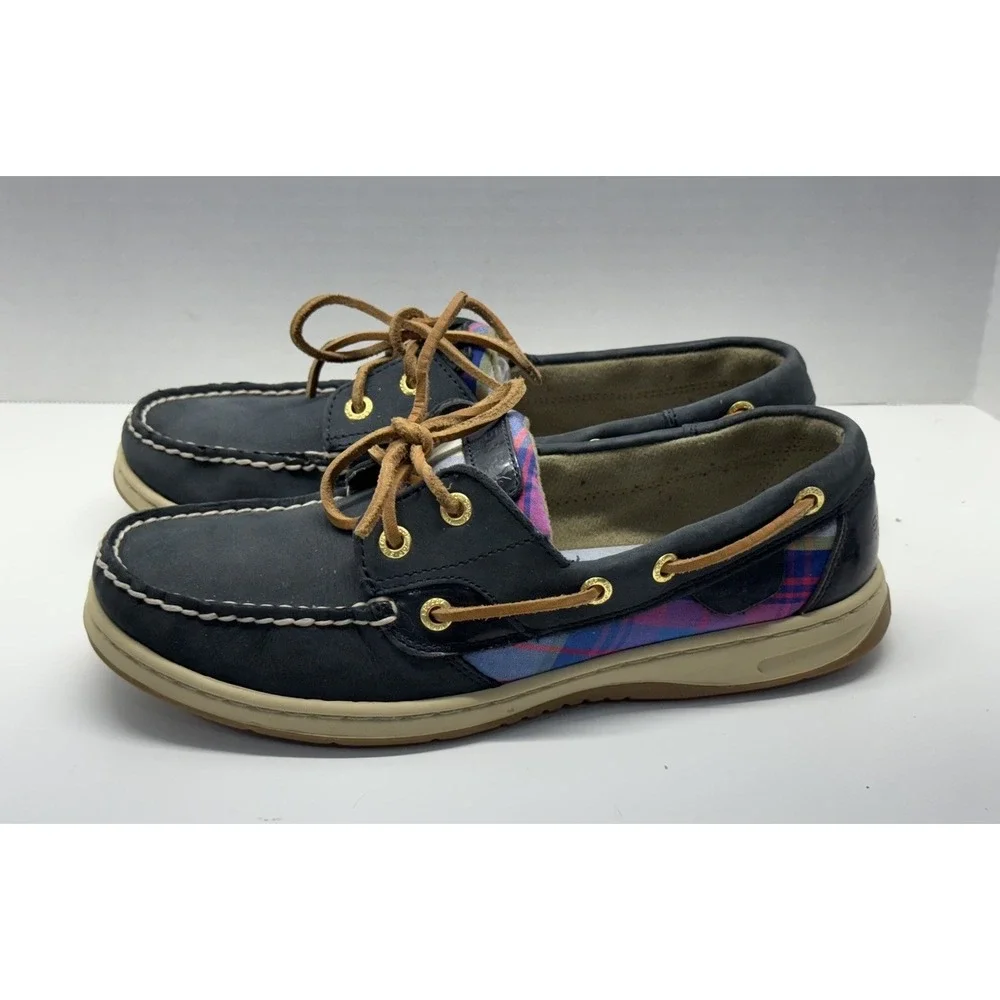 Sperry Top Sider Bluefish Leather Boat Shoes Women's Size 8.5M Navy‎ Pink Plaid